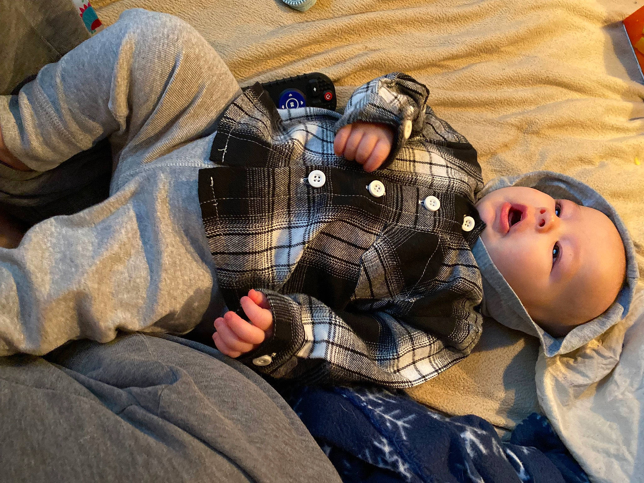 Karter is registered to the contest to win money with this photo: abdomen, bed, comfort, cool, couch, denim, elbow, eyewear, flash_photography, fur, human_leg, jeans, knee, nap, person, personal_protective_equipment, sitting, sleep, thigh, tree