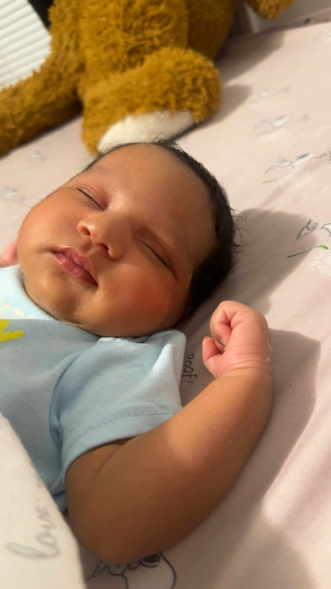Ehlani Berenice is registered to the contest to win money with this photo: baby, sleeping, infant, bed, blanket, soft_toy, teddy_bear, peaceful, cute, child, face, skin, hand, fist, clothing, blue_shirt, closeup, indoors, rest, newborn