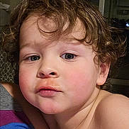 Ami joined the competition — help win amazing prizes! bare_shoulder, bedroom, blanket, blue_eyes, cheek, child, closeup, curly_hair, expression, face, indoor, lips, night, pillow, portrait, skin, striped_sheet, toddler, wet_lip, window