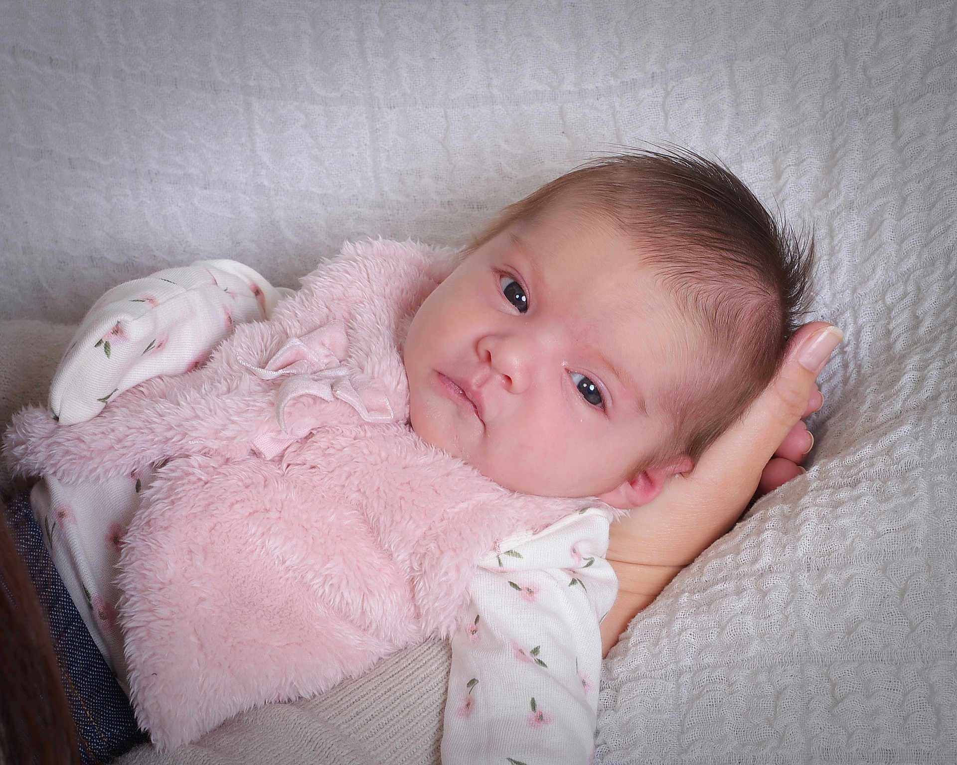 Genesis joined the competition — help win amazing prizes! baby, infant, pink_vest, floral_clothing, hand, face, portrait, newborn, soft_texture, blanket, sleepy, cute, resting, child, human, skin, head, expression, closeup, warm