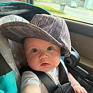 Silas joined the competition — help win amazing prizes! arm, baby, big_eyes, brim, buckle, cap, car_interior, car_seat, chubby_cheeks, close_up, cute, hand, hat, infant, onesie, portrait, seatbelt, star_pattern, sunlight, window