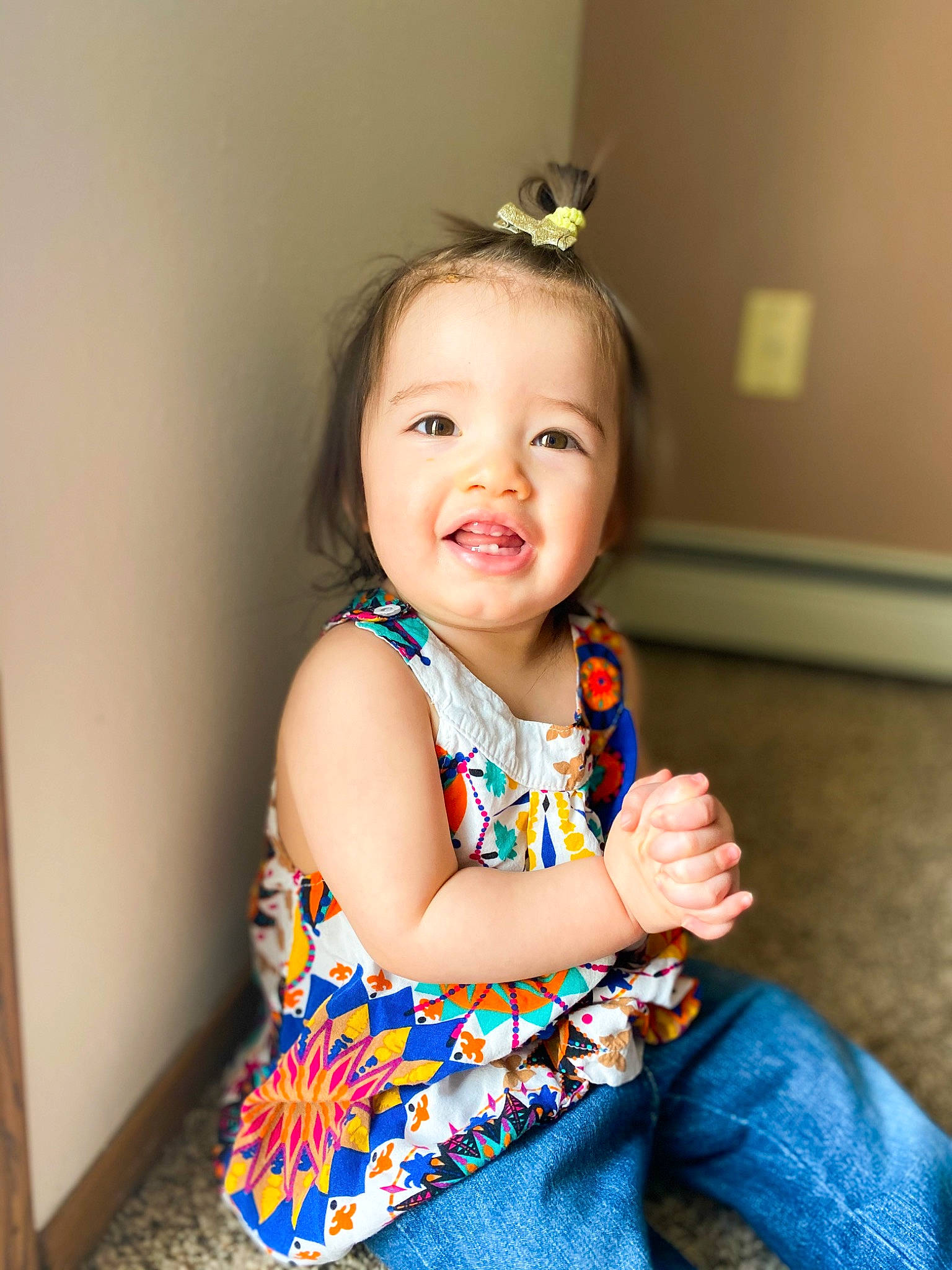 Esmeralda joined the competition — help win amazing prizes! baby, baby_toddler_clothing, child, child_model, dress, iris, pattern, person, photography, sitting, smile, toddler