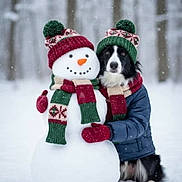 Zoey joined the competition — help win amazing prizes! dog, snowman, snow, winter, scarf, hat, gloves, forest, snowfall, outdoor, cold, festive, holiday, animal, canine, friendship, cute, portrait, seasonal, blue_jacket