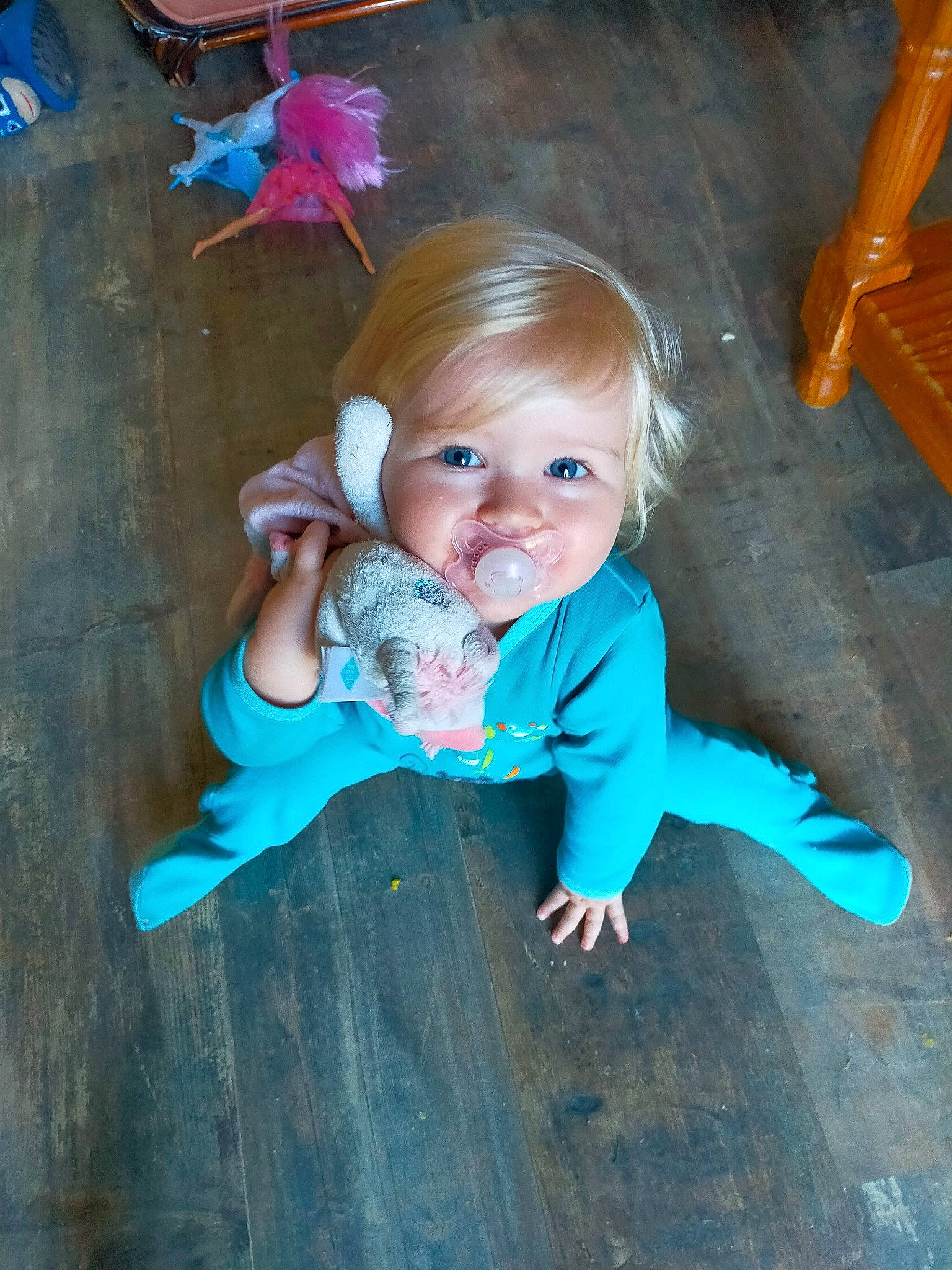 Jeanne participe au concours pour gagner de l'argent avec cette photo : baby_toddler_clothing, blue, cheek, child, electric_blue, flash_photography, floor, flooring, fun, happy, hardwood, iris, leisure, person, pink, purple, skin, smile, standing, toddler