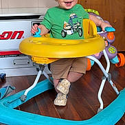 Colter is registered to the contest to win money with this photo: toddler, child, baby_walker, green_shirt, yellow_tray, blue_base, wooden_floor, smiling, indoor, toy, footwear, shorts, person, young_child, happy, playtime, walker, furniture, home, cute