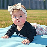 Allison joined the competition — help win amazing prizes! baby, black_shirt, blanket, blue_eyes, bow, casual_clothing, child, cute, expression, floral_pants, grass, headband, infant, laying_down, nature, outdoor, person, snowflake, sunlight, toddler