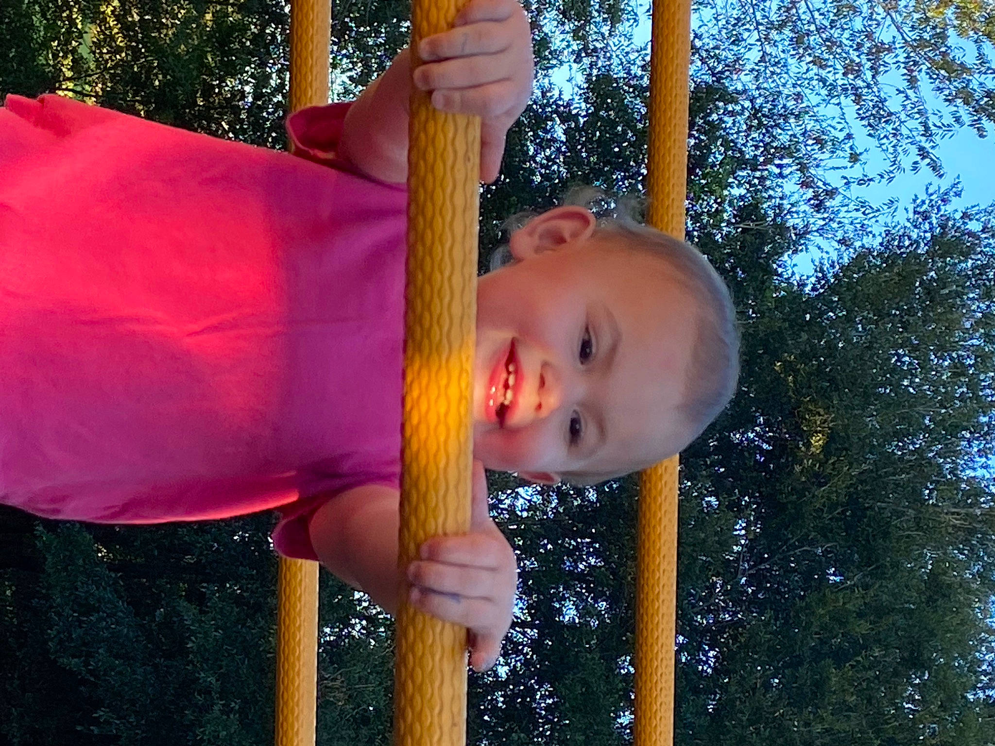Everley joined the competition — help win amazing prizes! baby_toddler_clothing, chute, city, electric_blue, fun, grass, happy, joy, leisure, magenta, outdoor_play_equipment, people_in_nature, person, playground, recreation, shade, sky, smile, swing, toddler