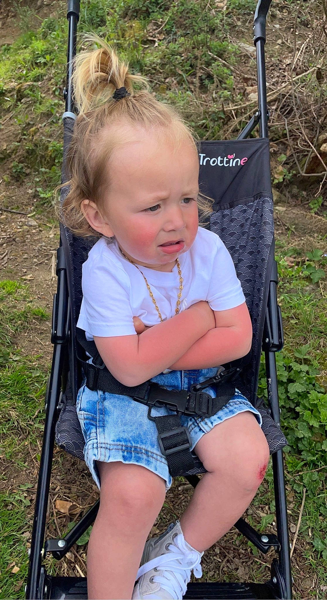 Mike participe au concours pour gagner de l'argent avec cette photo : baby, baby_carriage, baby_products, baby_toddler_clothing, folding_chair, grass, grass_family, hair, head, lawn, leisure, natural_environment, people_in_nature, person, plant, product, public_space, recreation, skin, sorrow