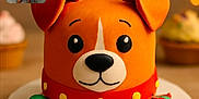 Ango a rejoint le concours — aidez-le/la à gagner de superbes lots ! animal_shape, blurred_background, cake, celebration, colorful, couch, cupcakes, cute, decorative_balls, dessert, dog, fondant, food, indoor, inset_photo, orange, playful, real_dog, red_collar, table