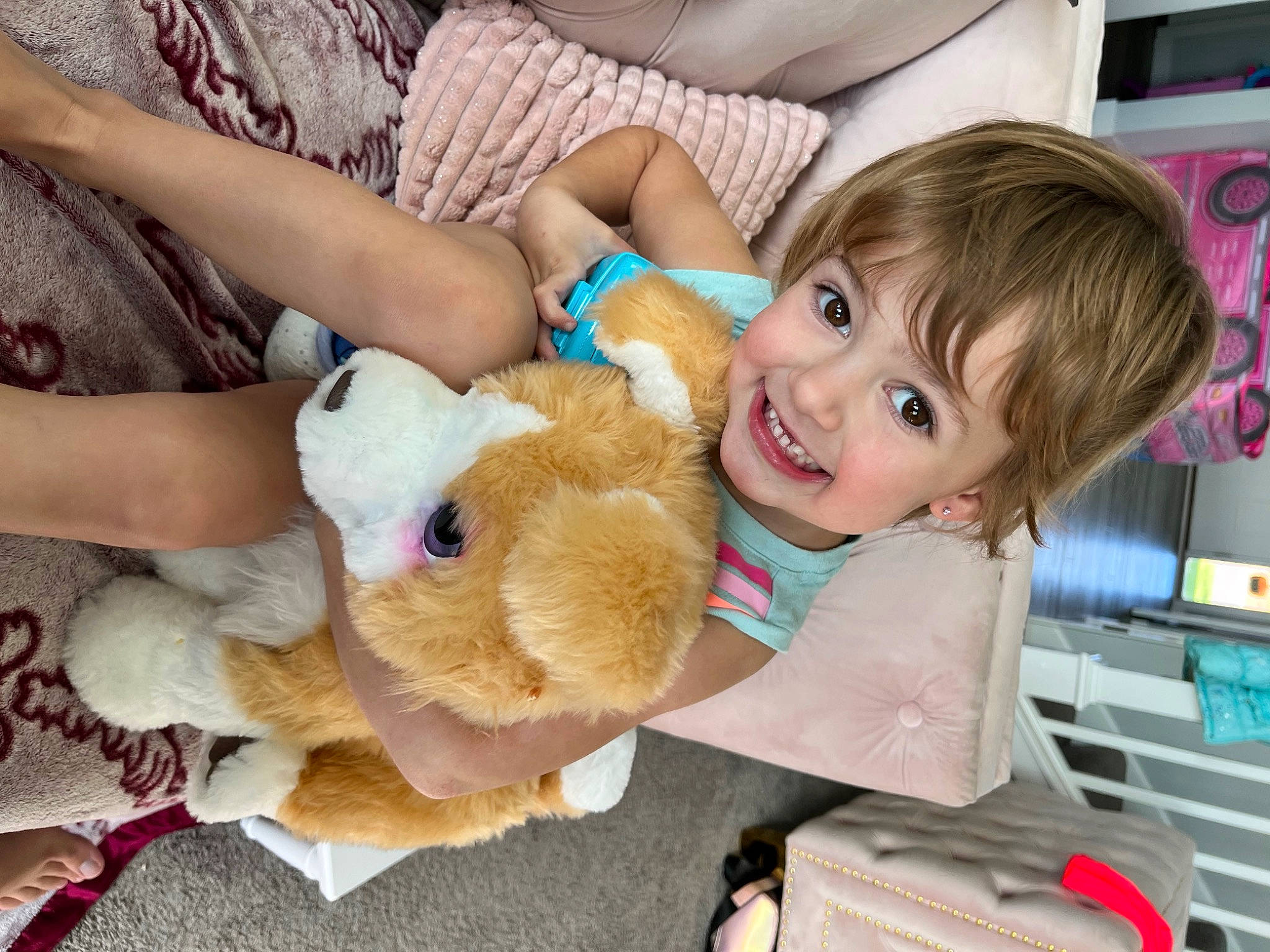 Aliya joined the competition — help win amazing prizes! cheek, child, fun, fur, happy, human_leg, iris, joy, lap, mammal, person, play, plush, room, sitting, skin, smile, stuffed_toy, teddy_bear, thigh
