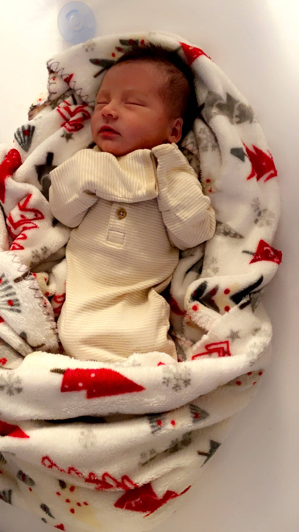 Dawson is registered to the contest to win money with this photo: baby, baby_sleeping, baby_toddler_clothing, carmine, comfort, dishware, drinkware, event, fur, happy, holiday, pattern, person, porcelain, red, serveware, sitting, sleeve, textile, toddler