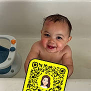 Xavier joined the competition — help win amazing prizes! baby, bathtub, child, smiling, wet_hair, skin, bathroom, water, playful, happy, face, cute, indoors, childhood, fun, young, sitting, toy, clean, person