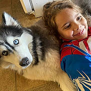 Nico is registered to the contest to win money with this photo: animal, blue_eyes, child, childhood, closeup, cozy, cute, dog, face, floor, friendship, fur, happy, husky, indoor, lying_down, pet, smiling, spiderman_outfit, tile_floor