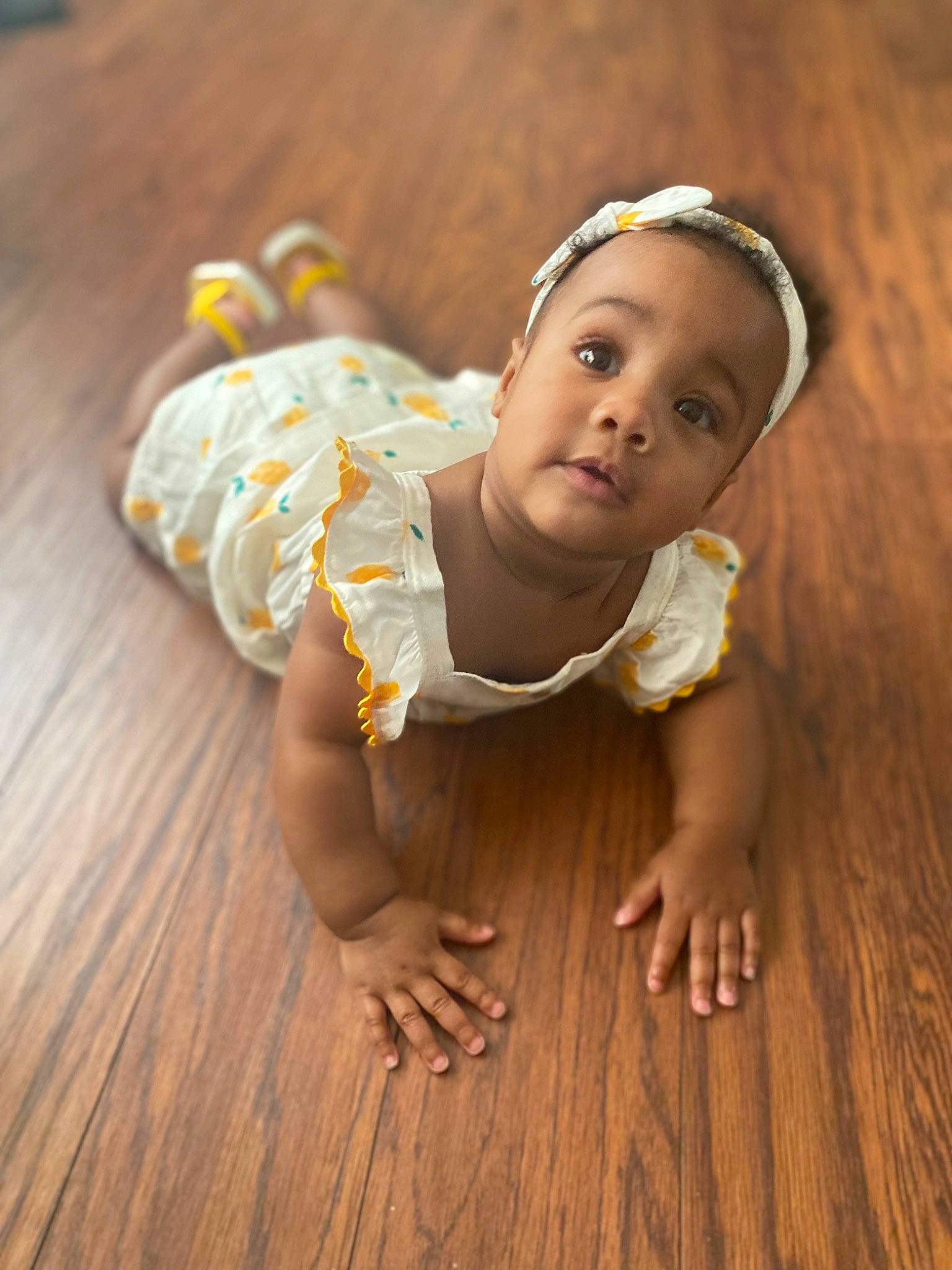 Serenity joined the competition — help win amazing prizes! baby, baby_toddler_clothing, barefoot, cheek, child, eye, fashion_accessory, flash_photography, floor, flooring, foot, fun, grass, happy, hardwood, headband, human_body, person, toddler, wood