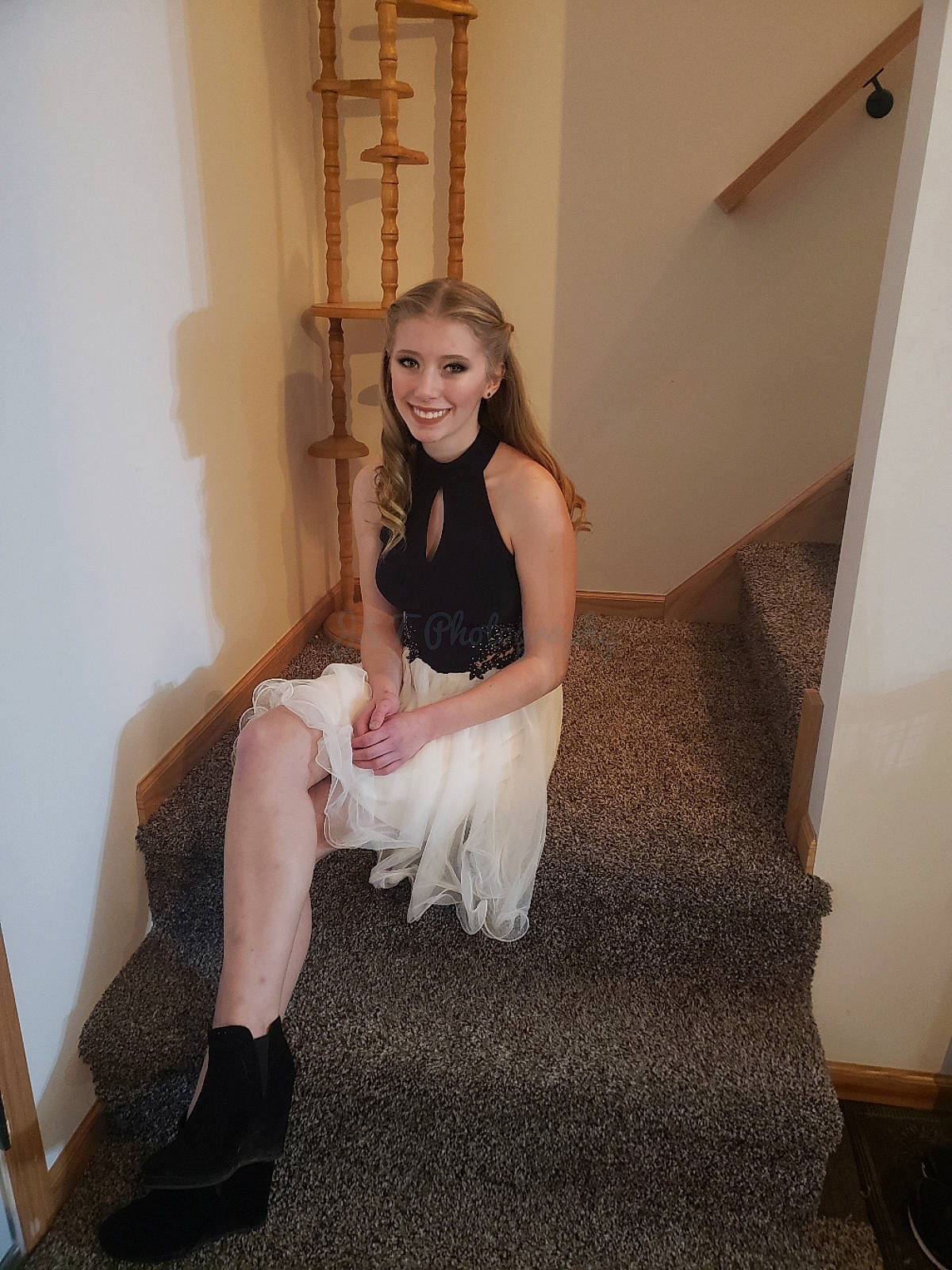 Ashlynn joined the competition — help win amazing prizes! clothing, dress, fawn, human_leg, joint, joy, knee, leg, long_hair, person, shoulder, sitting, stairs, thigh, trunk