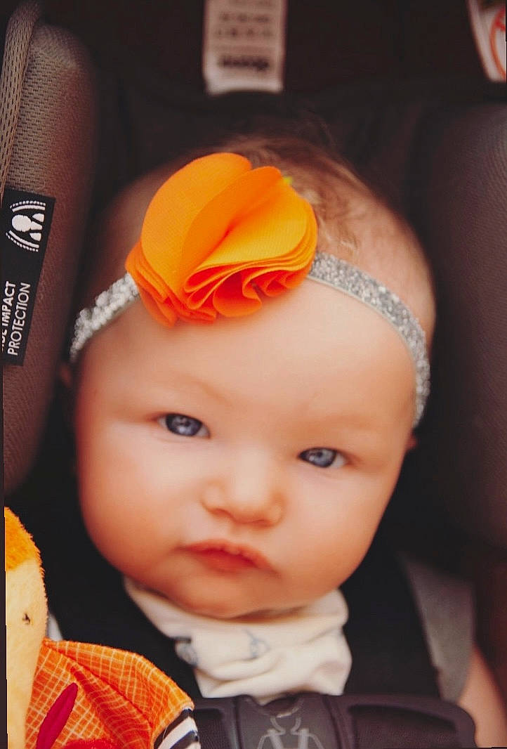 Wednesday is registered to the contest to win money with this photo: baby, beanie, cap, cheek, child, clothing, cool, ear, fashion_accessory, hair_accessory, head, headband, headgear, headpiece, headwear, lip, orange, peach, person, product