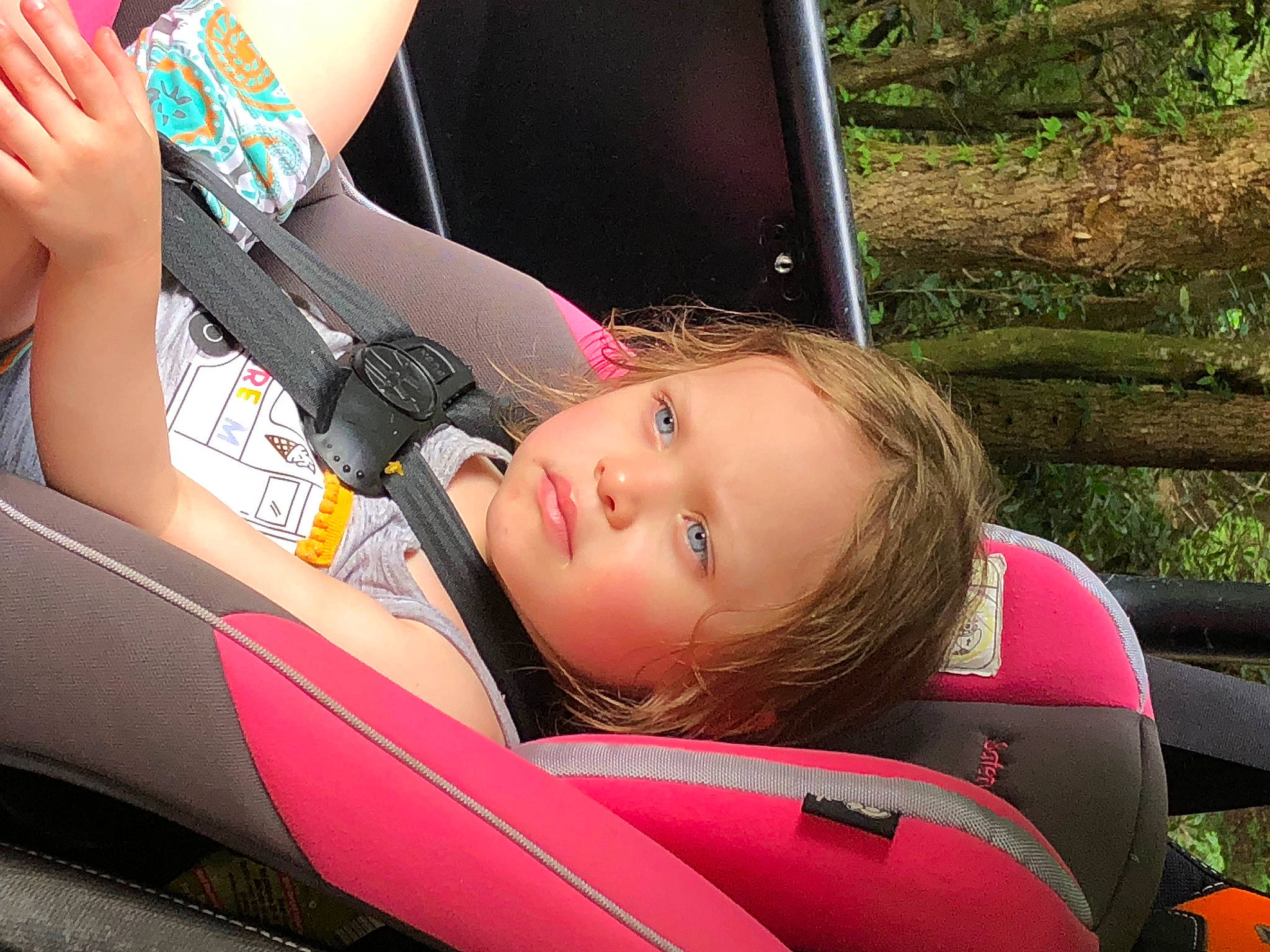 Zoey Taylor is registered to the contest to win money with this photo: auto_part, automotive_design, automotive_exterior, blond, car_seat, child, eyewear, fun, grass, hair, hand, happy, human_leg, leisure, people_in_nature, person, plant, recreation, toddler, vehicle_door