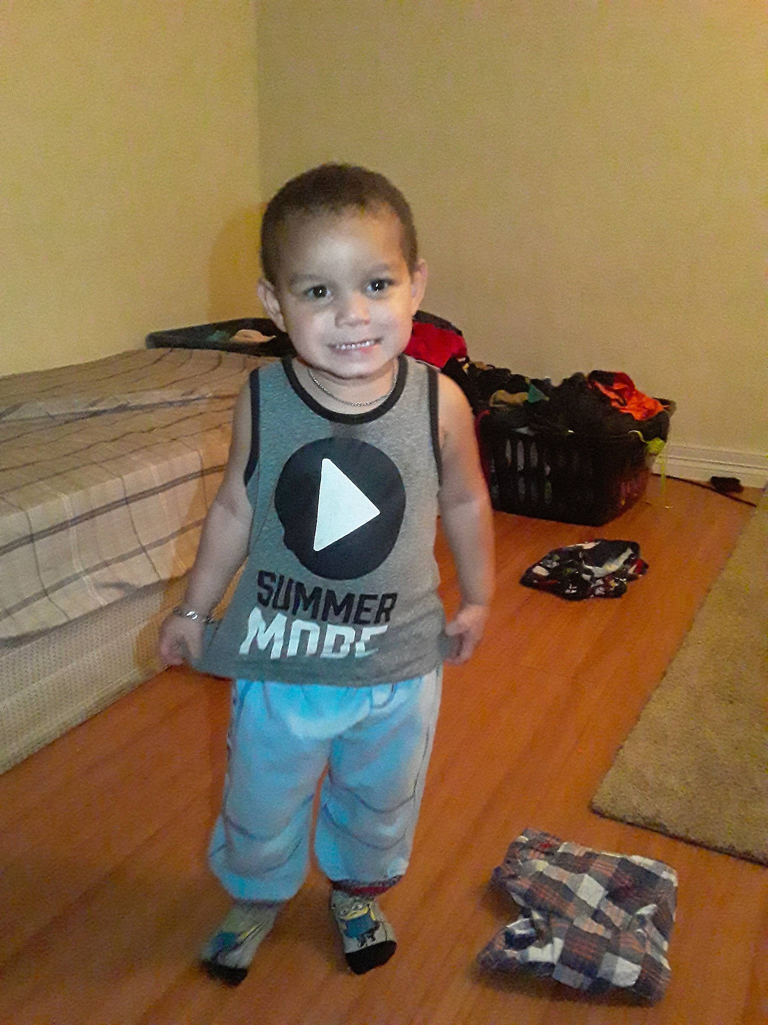 Matthew is registered to the contest to win money with this photo: baby_toddler_clothing, child, joy, person, standing, t_shirt, toddler