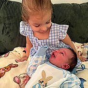 Noah joined the competition — help win amazing prizes! toddler, baby, child, infant, smiling, blue_checkered_dress, bunny_outfit, blanket, bunny_pattern, couch, indoor, cute, love, family, sibling, portrait, happy, cozy, clothing, person