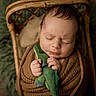 Noah joined the competition — help win amazing prizes! baby, infant, sleeping, toy, plush, crocodile, brown_blanket, wicker_basket, green_rug, cozy, hands, face, closed_eyes, peaceful, portrait, child, soft_lighting, indoor, cute, resting