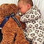 baby, sleeping, teddy_bear, stuffed_animal, pacifier, onesie, leopard_print, ribbon, soft_toy, couch, pillow, infant, child, cute, nap, sleep, fur, comfort, cozy, indoor