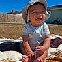baby, smiling, outdoor, sunhat, blanket, grass, onesie, happy, child, infant, feet, hands, drool, sunny, blue_sky, home, yard, cute, portrait, sitting