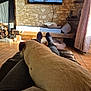 dog, lap, person, legs, socks, jeans, couch, living_room, stone_wall, tv, wood, firewood, curtain, rug, bench, cozy, relaxing, indoor, daylight, pet