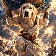 Atlas a rejoint le concours — aidez-le/la à gagner de superbes lots ! dog, golden_retriever, animal, pet, mythology, greek_style, toga, costume, earth, planet, heroic_pose, dramatic_lighting, clouds, sunlight, rocky_landscape, ancient_ruins, temple, fantasy, digital_art, portrait