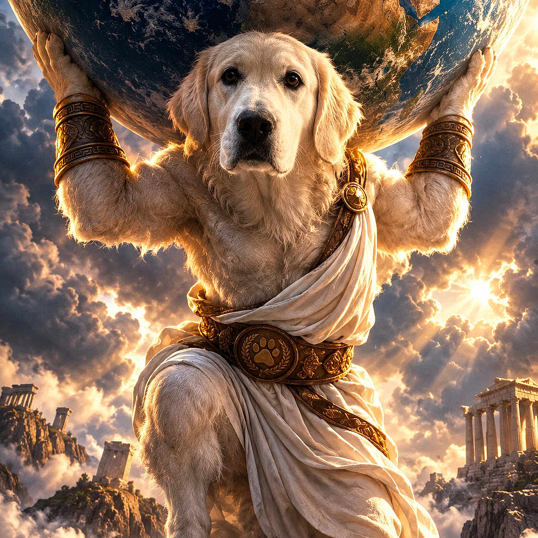 Atlas a rejoint le concours — aidez-le/la à gagner de superbes lots ! dog, golden_retriever, animal, pet, mythology, greek_style, toga, costume, earth, planet, heroic_pose, dramatic_lighting, clouds, sunlight, rocky_landscape, ancient_ruins, temple, fantasy, digital_art, portrait