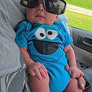 Asher joined the competition — help win amazing prizes! baby, blue_onesie, car_interior, casual, child, clothing, cookie_monster, cute, funny, greenery, hand, infant, person, portrait, relaxing, seat, summer, sunglasses, sunlight, window