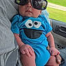 baby, blue_onesie, car_interior, casual, child, clothing, cookie_monster, cute, funny, greenery, hand, infant, person, portrait, relaxing, seat, summer, sunglasses, sunlight, window