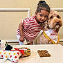 Nyra joined the competition — help win amazing prizes! child, dog, birthday, striped_shirt, white_table, dog_bandana, toy, dog_treats, indoor, wall_paneling, curly_hair, pet, celebration, playful, affection, cute, young_girl, brown_dog, tabletop, casual_clothing