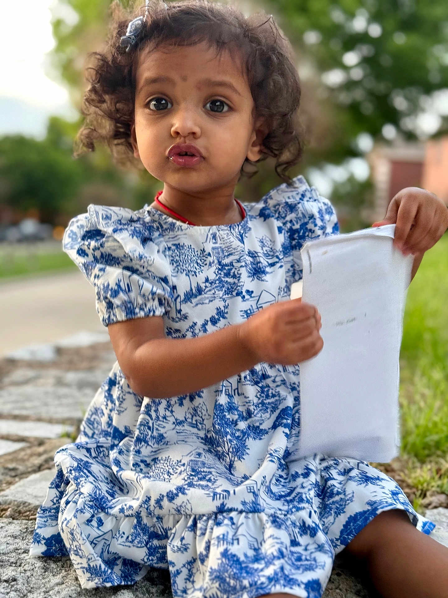 Nyra joined the competition — help win amazing prizes! toddler, child, curly_hair, blue_dress, white_cloth, outdoor, stone_surface, green_background, sitting, portrait, young_child, expression, sunlight, nature, grass, casual_clothing, cute, person, daylight, curiosity
