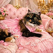 Fluffamuffagus joined the competition — help win amazing prizes! cat, calico_cat, tiara, pink_dress, pearls, sofa, velvet, lace, ruffles, roses, chandelier, jewelry, paw, portrait, luxury, cushion, princess, plush, pet_costume, indoor