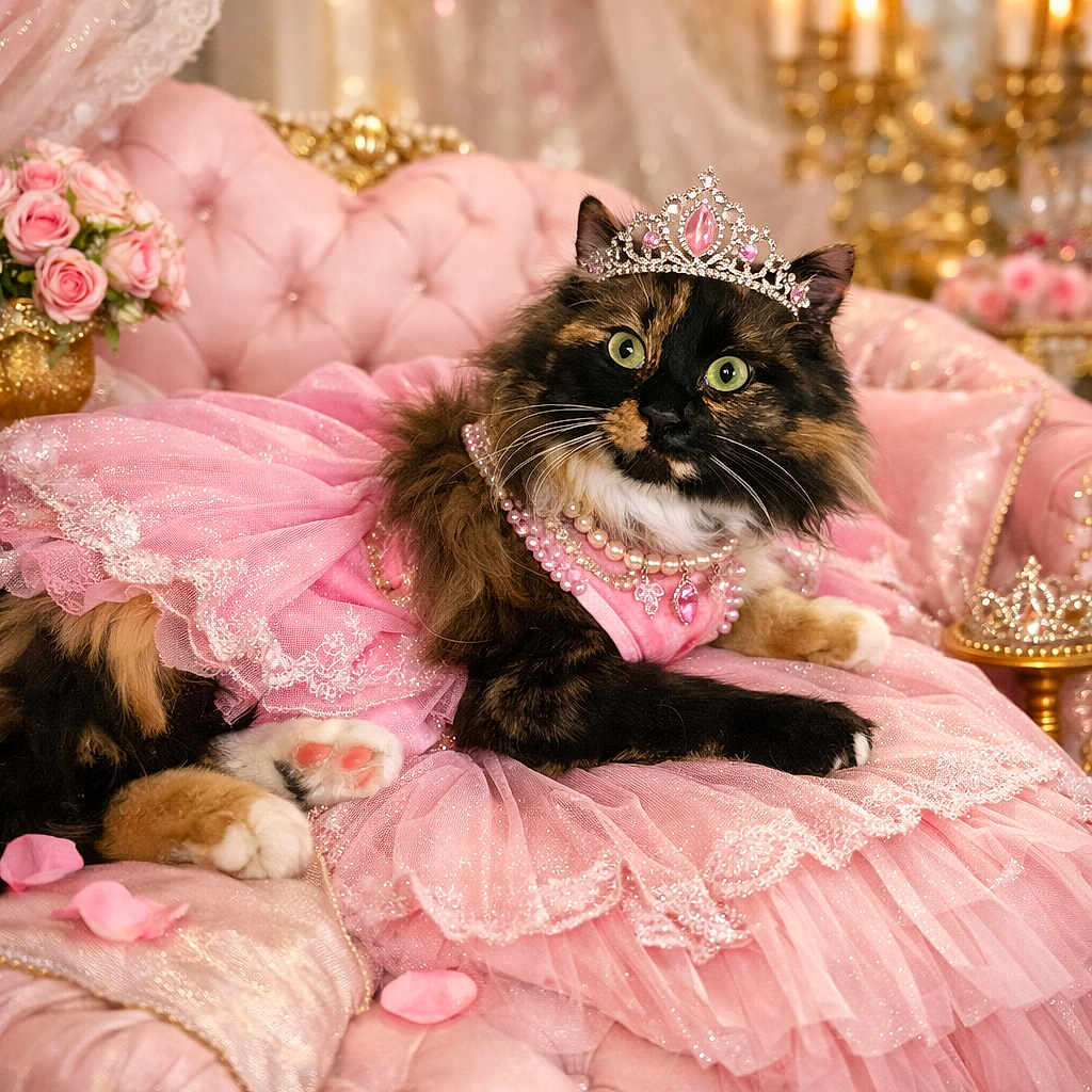 Fluffamuffagus joined the competition — help win amazing prizes! calico_cat, cat, chandelier, cushion, indoor, jewelry, lace, luxury, paw, pearls, pet_costume, pink_dress, plush, portrait, princess, roses, ruffles, sofa, tiara, velvet