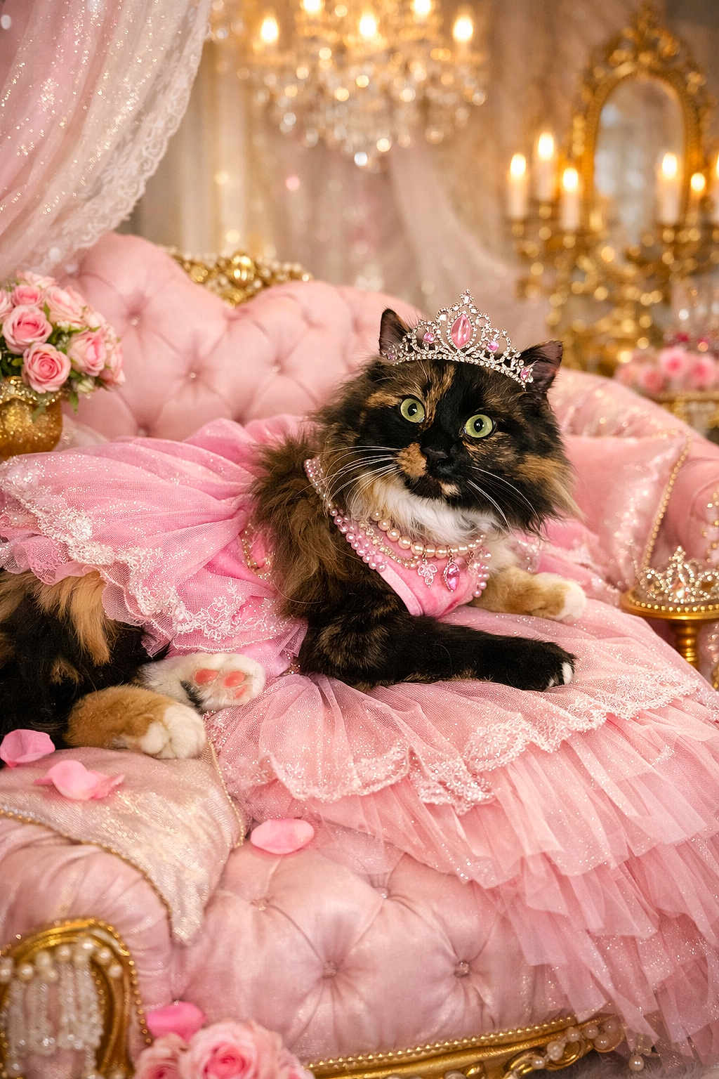 Fluffamuffagus joined the competition — help win amazing prizes! cat, calico_cat, tiara, pink_dress, pearls, sofa, velvet, lace, ruffles, roses, chandelier, jewelry, paw, portrait, luxury, cushion, princess, plush, pet_costume, indoor