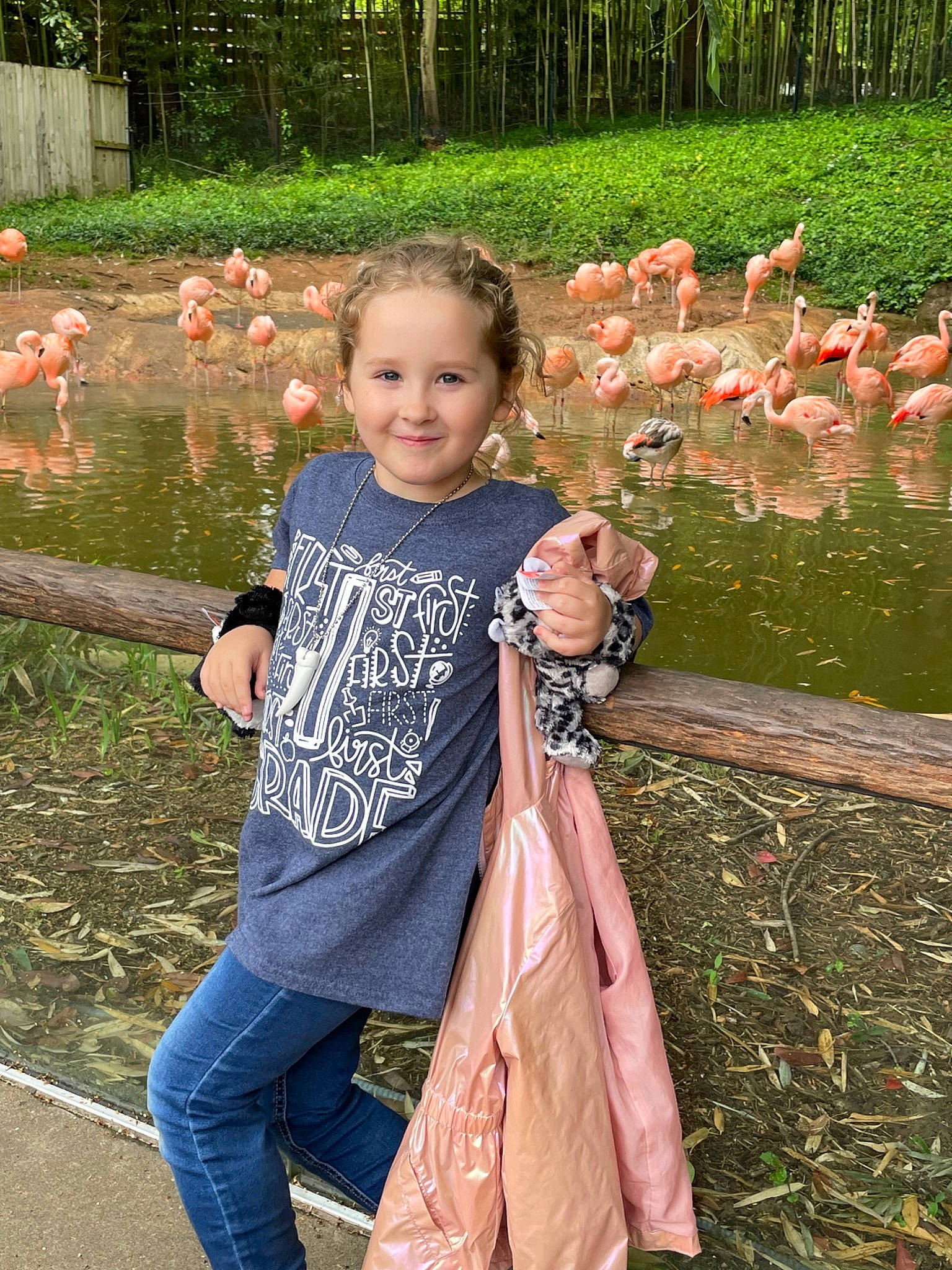 Harlie joined the competition — help win amazing prizes! _geese_and_swans, adaptation, beak, bird, botany, child, ducks, flamingo, fun, grass, green, happy, joy, leisure, luggage_and_bags, person, pink, plant, recreation, smile