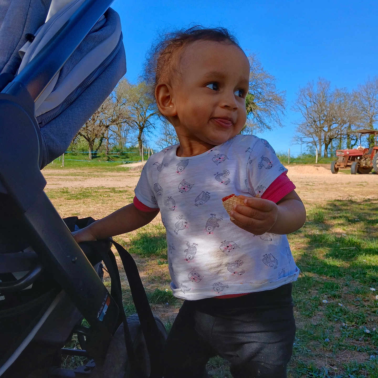 Inaya a rejoint le concours — aidez-le/la à gagner de superbes lots ! child, daytime, expression, food, grass, holding, nature, outdoor, pants, park, person, playful, shirt, shoes, sky, stroller, sunny, toddler, tractor, trees