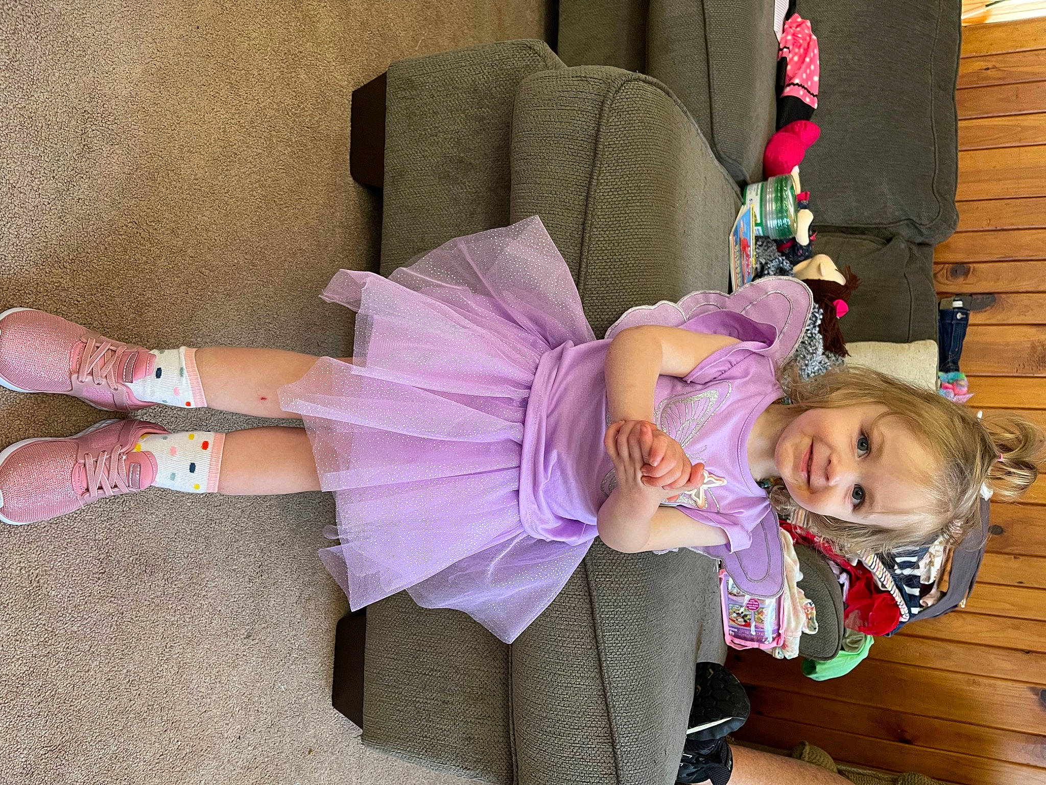 Ember joined the competition — help win amazing prizes! blond, costume, dress, fashion, hair, hairstyle, human_leg, joy, lap, leg, magenta, person, pink, plant, purple, sitting, smile, sock, thigh, toddler