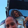 woman, child, smile, outdoor, car, trunk, sky, happy, portrait, people, casual, family, togetherness, curly_hair, light_blue, clothing, daylight, fun, bonding, relaxed