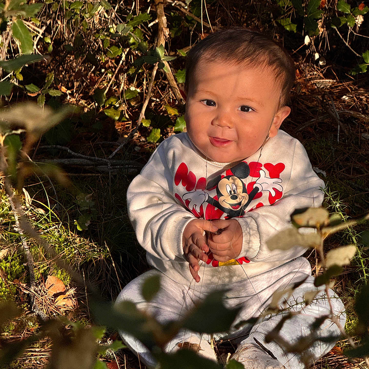 Lisio participe au concours pour gagner de l'argent avec cette photo : baby, casual, child, clothing, cute, foliage, grass, happy, leaves, mickey_mouse, nature, outdoor, person, portrait, shadow, sitting, smiling, sunlight, sweatshirt, young