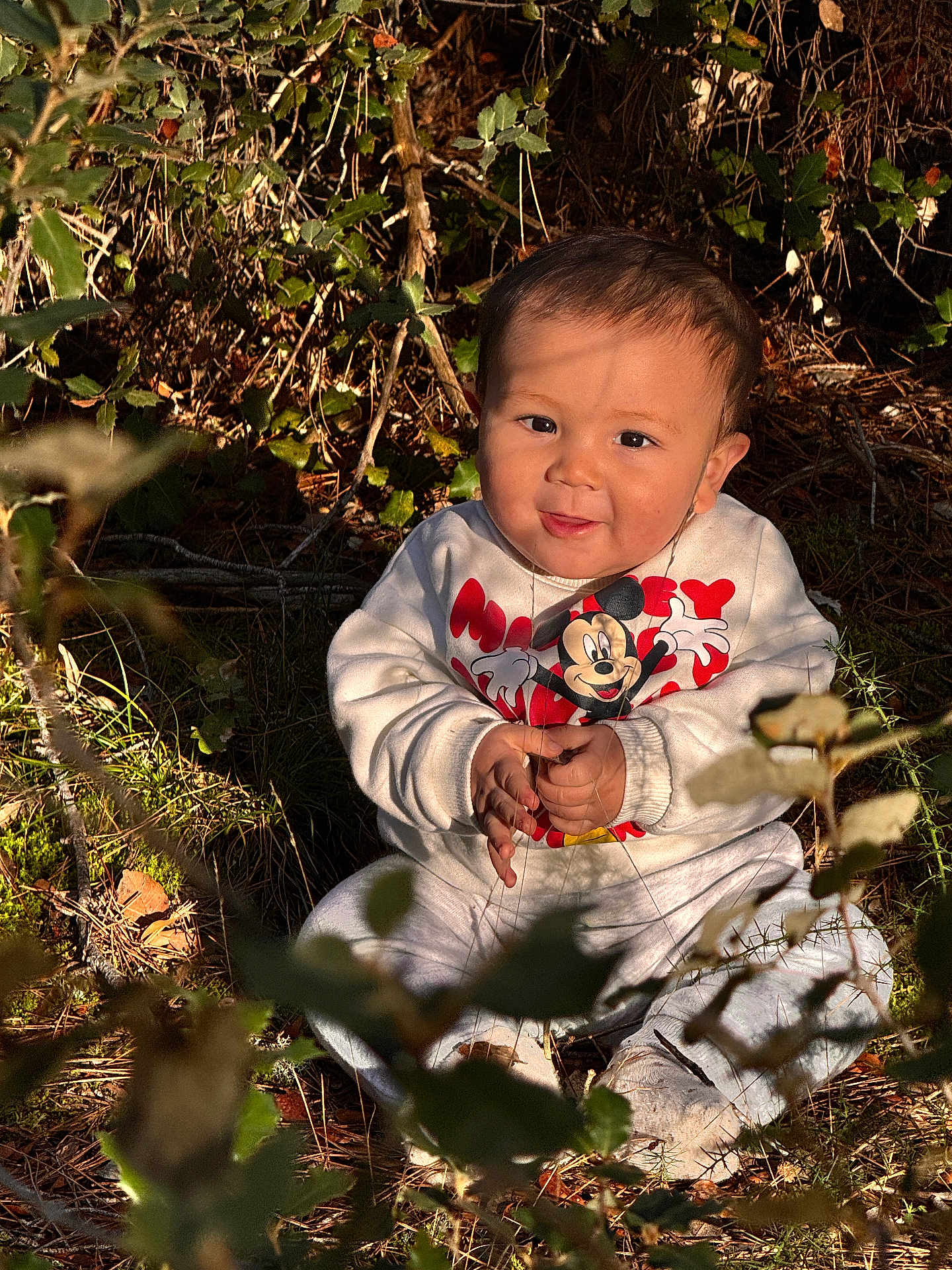 Lisio participe au concours pour gagner de l'argent avec cette photo : baby, child, outdoor, nature, foliage, sitting, smiling, sunlight, shadow, sweatshirt, mickey_mouse, clothing, grass, leaves, person, cute, happy, portrait, young, casual