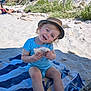 Emilio participe au concours pour gagner de l'argent avec cette photo : beach, blue_clothing, child, food, grass, happy, hat, legs, nature, outdoor, person, relaxation, rocks, sand, sandwich, smile, sunny, toddler, towel, vacation