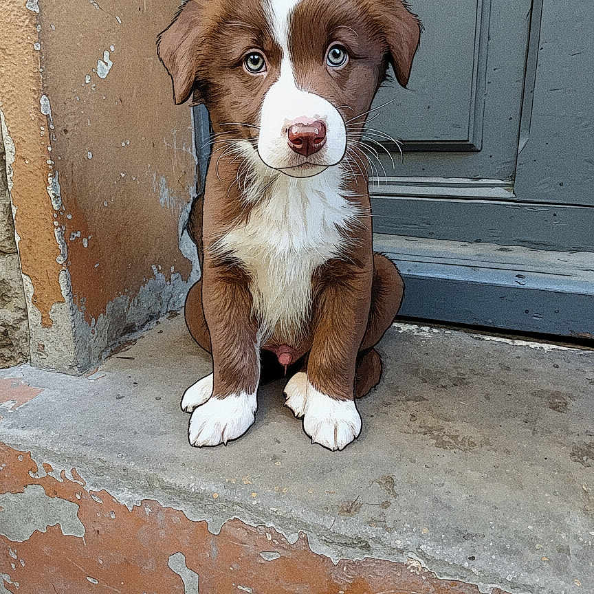 Rolling participe au concours pour gagner de l'argent avec cette photo : animal, background, brown, concrete, cute, dog, door, ears, fur, heterochromia, nostrils, outdoor, pet, puppy, sitting, snout, step, whiskers, white, young