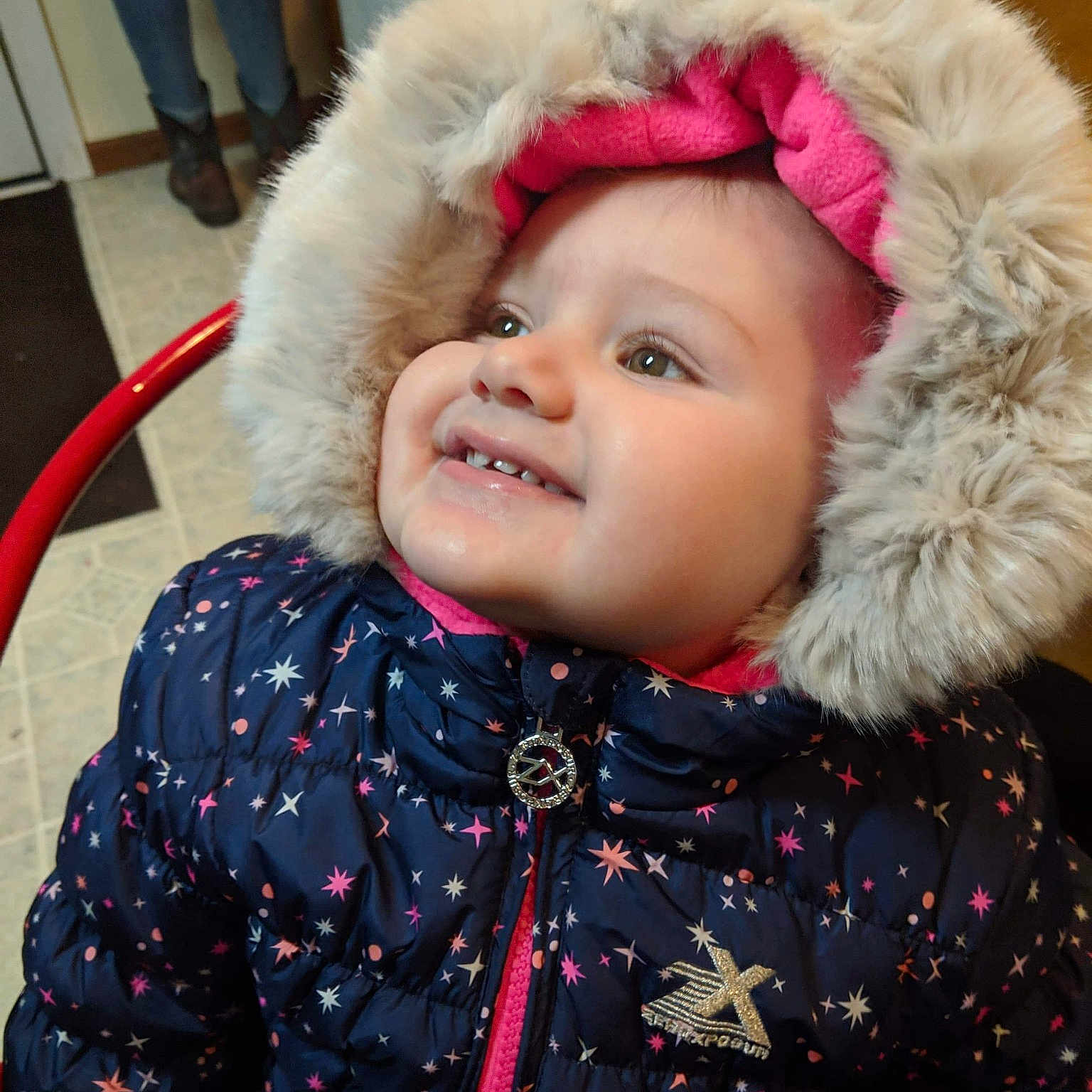 Raina joined the competition — help win amazing prizes! baby, cheek, child, ear, eye, face, fur, fur_clothing, head, headgear, joy, lip, outerwear, person, pink, skin, smile, textile, toddler, winter