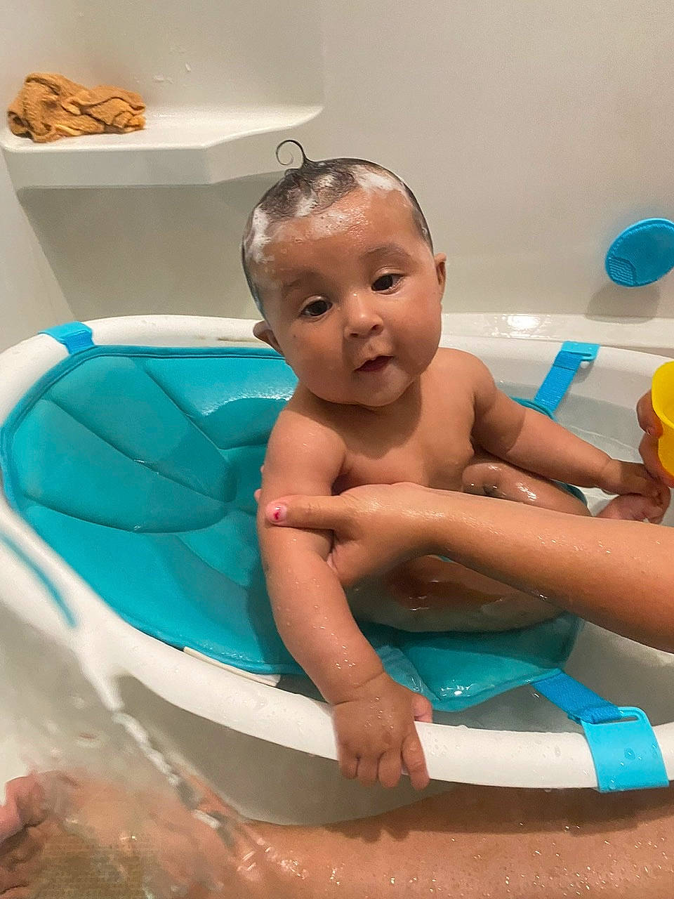 Addilyn joined the competition — help win amazing prizes! baby, baby_bathing, balloon, bathing, bathroom, blue, chest, child, fluid, fun, happy, leisure, liquid, person, personal_care, plastic, plumbing, recreation, thigh, toddler