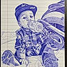 Truu Daniels is registered to the contest to win money with this photo: artwork, ballpoint_pen, blue_ink, bottle, cap, child, drawing, hand, hat, illustration, lined_paper, notebook_paper, plaid_shirt, portrait, shoe, sketch, sneaker, stroller, toddler, wheel