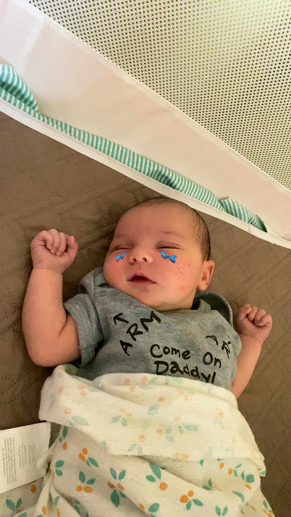 Madison joined the competition — help win amazing prizes! baby, sleeping, blanket, clothing, face, infant, cute, cheeks, butterfly_stickers, gray_shirt, arm, hand, soft, quilted, floral_pattern, lying_down, indoors, peaceful, closeup, child
