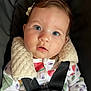 baby, child, face, blue_eyes, car_seat, straps, clothing, patterned_outfit, fur_collar, infant, cute, portrait, indoor, child_safety, graco, young_child, person, human, seatbelt, closeup