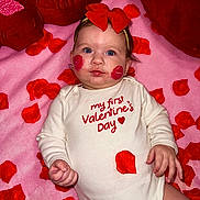 Valentina is registered to the contest to win money with this photo: baby, infant, valentines_day, red_bow, rose_petals, face_paint, onesie, pink_blanket, cute, holiday, celebration, portrait, child, love, red, headband, smiling, lying_down, skin, adorable